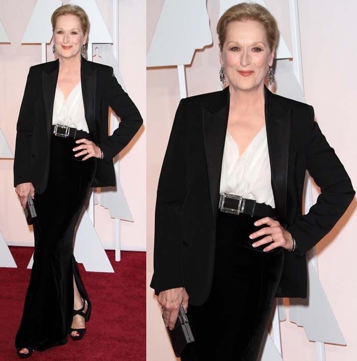 Meryl Streep pairs a custom Lanvin tuxedo jacket, soft white blouse, and floor-length column skirt with black Jimmy Choo Kuki platform sandals, revealing a glimpse of the crisscross patent leather heels through the skirt's thigh-high slit at the 2015 Academy Awards