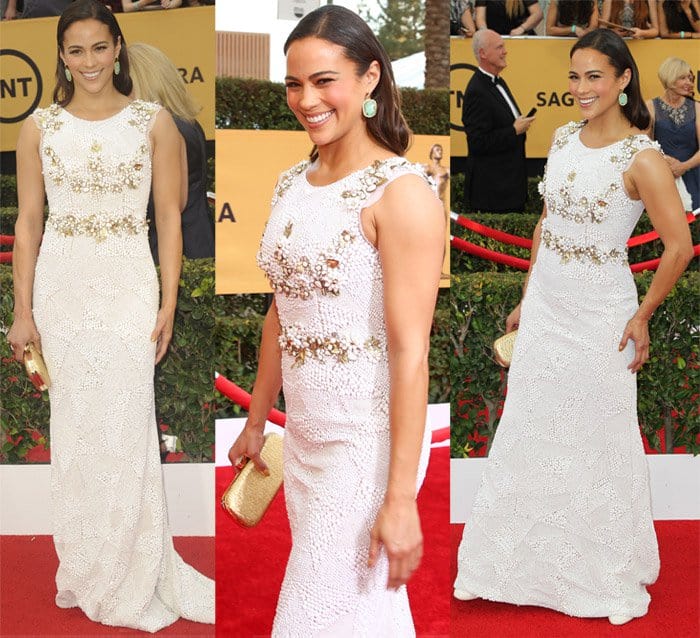 Paula Patton wearing a white Aiisha Ramadan dress, Jerome C. Rousseau shoes, and Kimberly McDonald jewelry