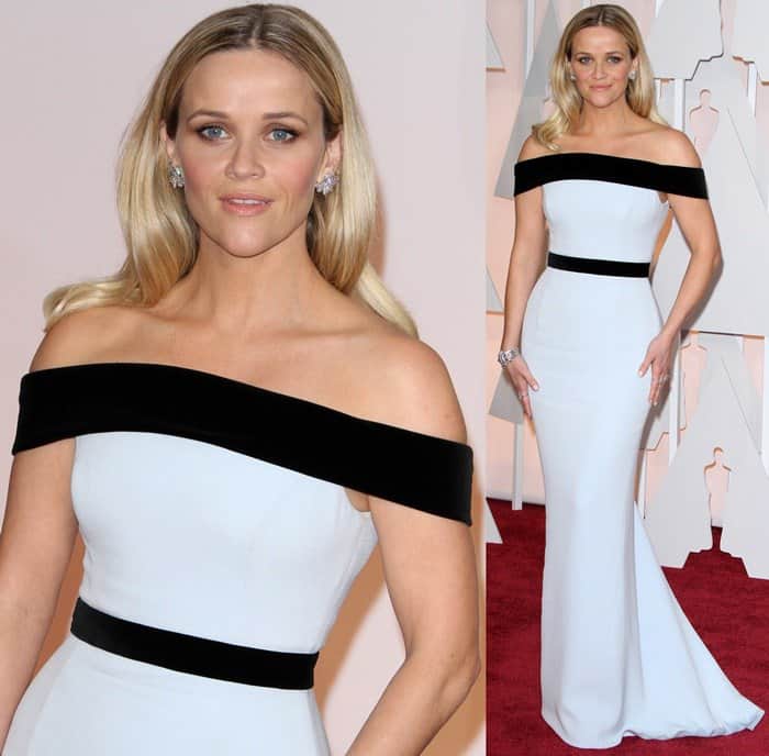 Reese Witherspoon showcased sleek red-carpet minimalism in a monochrome off-the-shoulder Tom Ford column gown that emphasized clean lines and refined proportions
