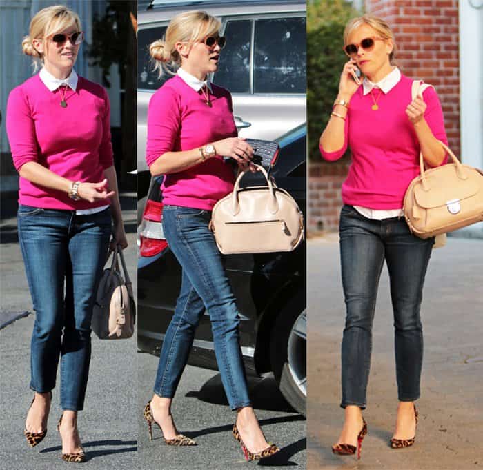 Reese Witherspoon elevates her preppy pink sweater and cuffed jeans with classic leopard-print Louboutin pumps—proving that bold heels can polish any daytime look