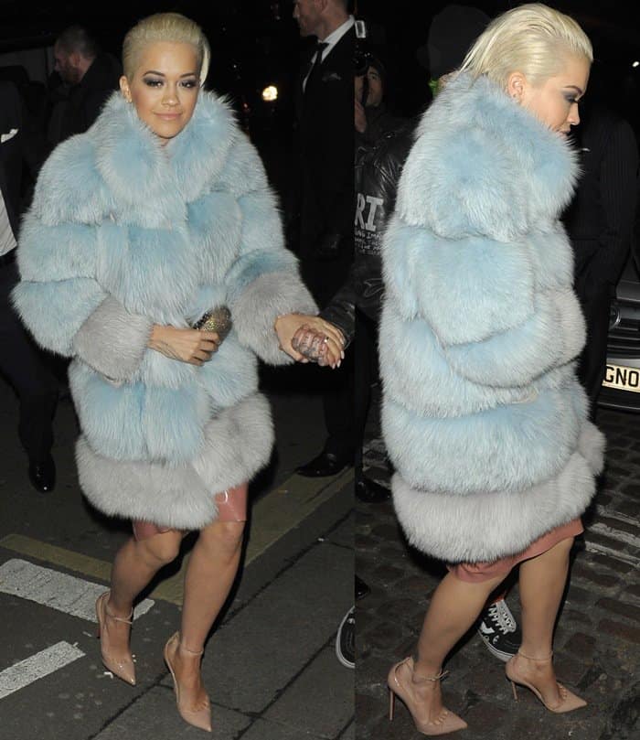 Rita Ora styled her latex dress with a fur coat to attend the Mert Marcus House of Love party for Madonna