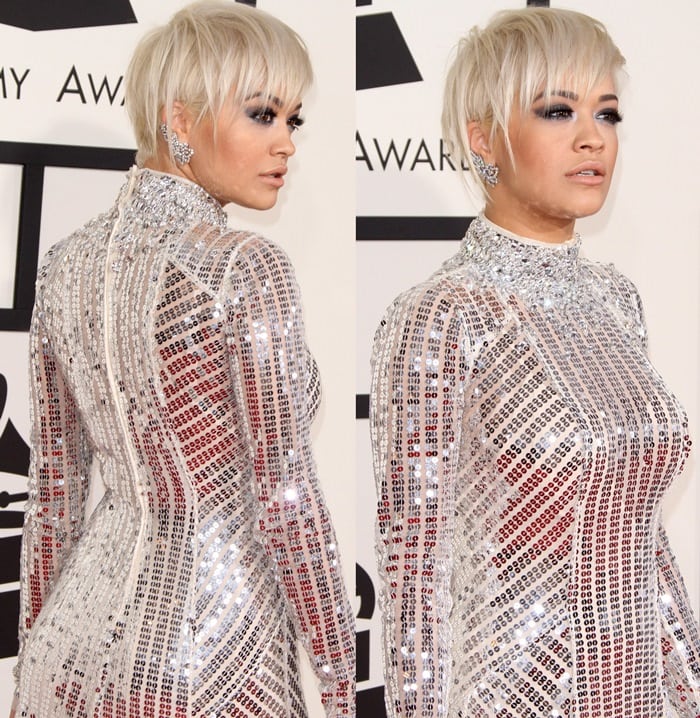 Rita Ora complements her shimmering Prada gown with a platinum blonde, edgy pixie cut and statement-making ear cuffs