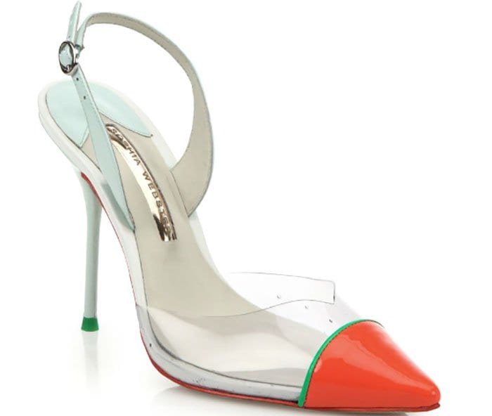 Sophia Webster’s “Daria” slingback pump features a neon-orange patent toe, mint-green trim, and clear PVC panels for a bold, playful finish