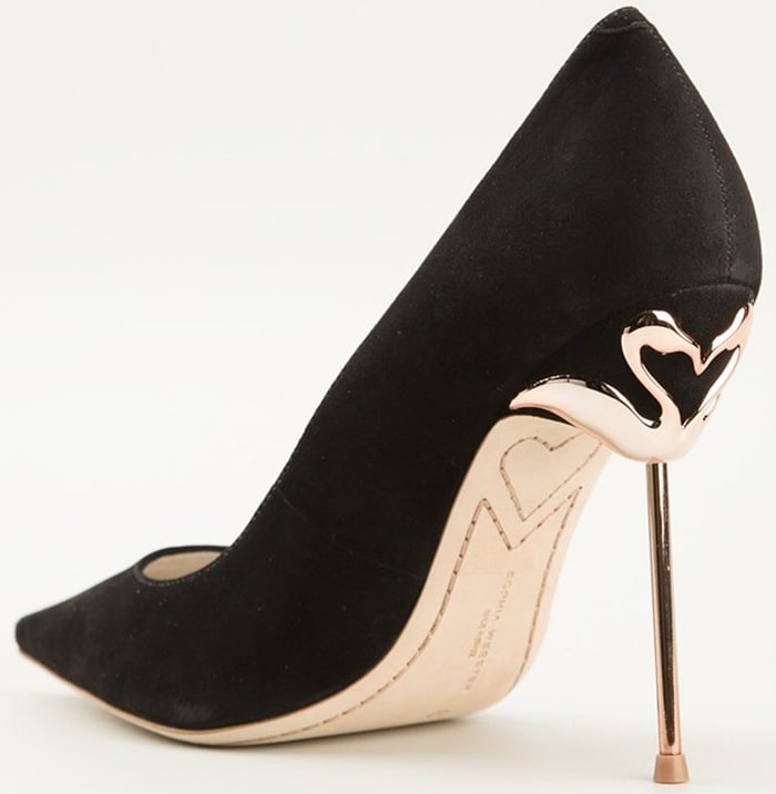 A black suede Sophia Webster "Lauren" pump finished with a signature heart-shaped heel detail, blending classic elegance with the designer’s playful, romantic edge