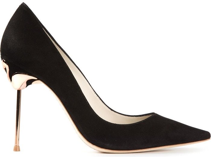 A black suede Sophia Webster "Lauren" pump finished with a signature heart-shaped heel detail, blending classic elegance with the designer’s playful, romantic edge