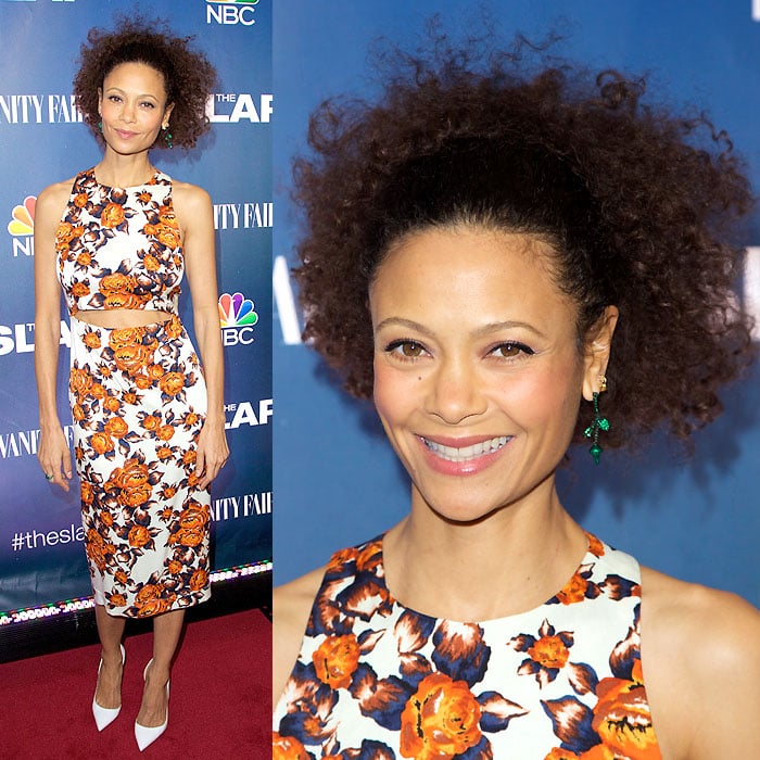Thandiwe Newton sporting a springtime orange floral print at the premiere of "The Slap"