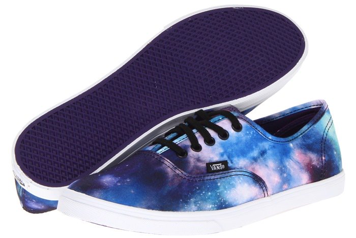 The Vans Authentic Lo Pro "Cosmic" sneakers feature a vibrant galaxy-inspired canvas upper, black laces, Vans' signature low-profile silhouette, and a slim white rubber sole with a purple waffle outsole
