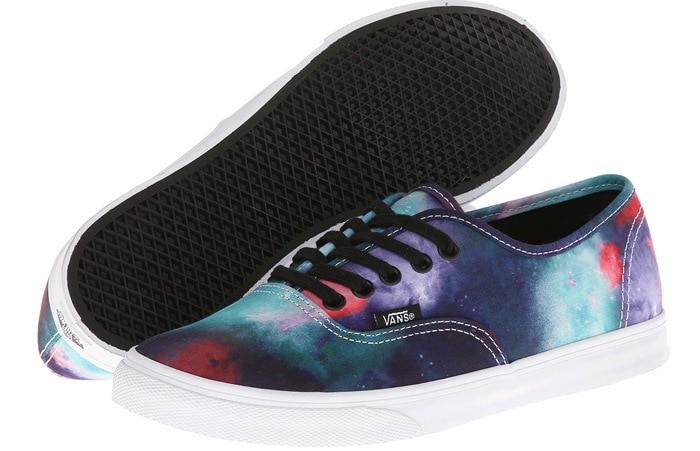 The Vans Authentic Lo Pro "Galaxy" sneakers showcase a colorful nebula-inspired canvas upper in shades of blue, teal, purple, and red, paired with black laces, Vans' signature low-profile silhouette, and a slim white rubber sole for a lightweight, everyday look