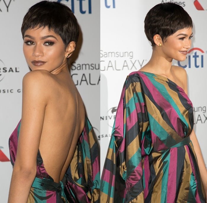 Zendaya makes a statement in a jewel-toned Vivienne Westwood gown, a chic pixie cut, and daring accessories, including an Amrapali ring and Jack Vartanian ear climber