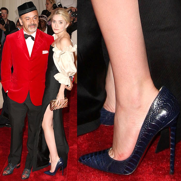 Ashley Olsen posing with Christian Louboutin in too-big Christian Louboutin "Pigalle" crocodile pumps at the "Alexander McQueen: Savage Beauty" Costume Institute Gala 2011