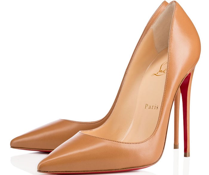 Christian Louboutin's iconic "So Kate" pump remains a modern wardrobe staple, defined by its elongated pointed toe, ultra-low vamp, signature red sole, and towering 120 mm stiletto heel