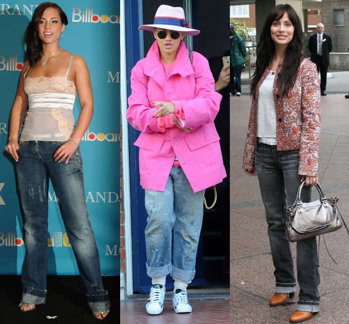 Alicia Keys pairs a lace corset top with one-fold cuffed jeans and heels, Rita Ora stands out in a bright pink coat, hat, and splattered jeans with warmers, and Natalie Imbruglia opts for a floral jacket over a white top with one-fold cuffed jeans and boots