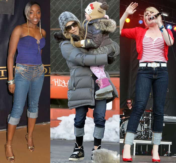 Estelle pairs her cuffed jeans with a strapless blue top and gold heels, Sarah Jessica Parker keeps warm in a puffer coat with cuffed jeans and winter boots, while Kimberly Caldwell rocks a red cardigan, striped top, cuffed jeans, and red heels on stage