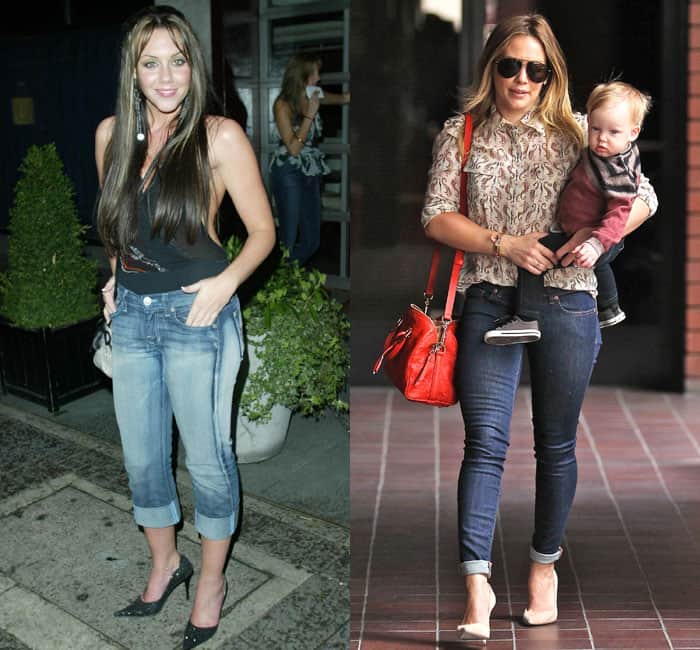 Michelle Heaton styles her cuffed jeans with a black tank top and black pointed heels, while Hilary Duff pairs her cuffed jeans with a printed blouse, nude heels, a red handbag, and her adorable child in tow