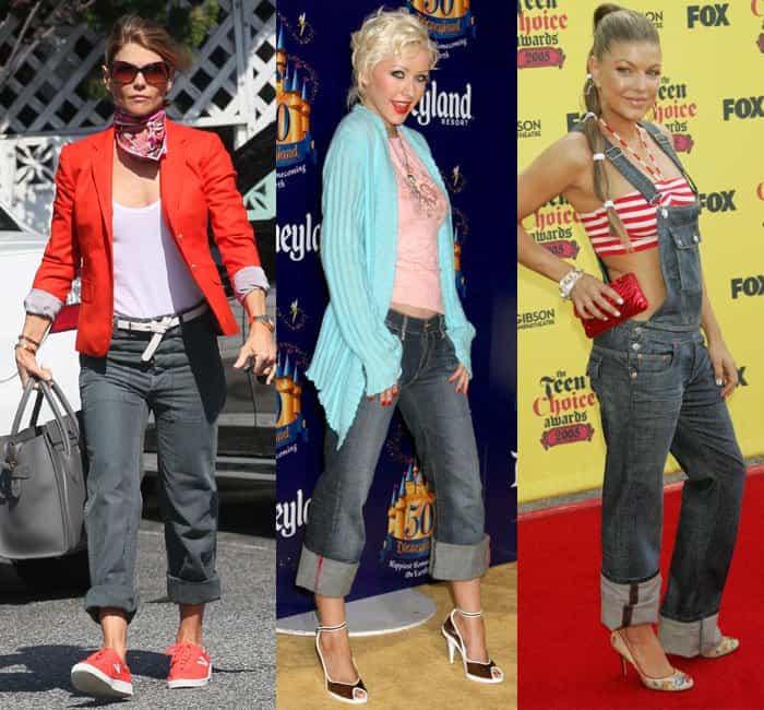 Ali Larter pairs her cuffed jeans with a red blazer, white top, red sneakers, and a gray handbag; Christina Aguilera opts for cuffed jeans, a pink top, and a light blue cardigan with white heels; Fergie rocks denim overalls with a striped top and white heels, accessorized with a red clutch