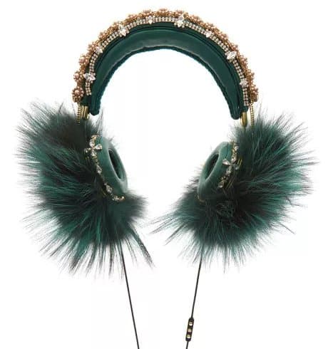 Dolce  Gabbana Green Embroidered Nappa Leather Headphones with Fox Fur Trim