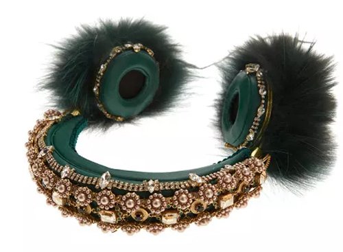Dolce  Gabbana Green Embroidered Nappa Leather Headphones with Fox Fur Trim
