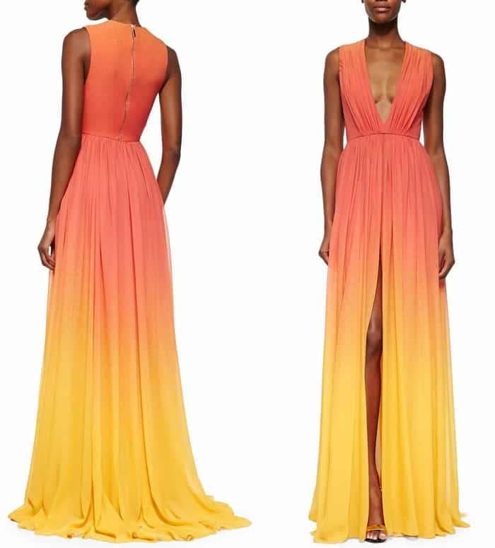Elie Saab High-Slit Ombre Silk Gown in Coral Reef/Lemon