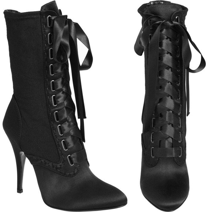 Giuseppe Zanotti x Balmain “Uma” boots in black satin feature corset-style ribbon laces and a sharply sculpted stiletto heel, merging Italian craftsmanship with Balmain’s glam-rock edge