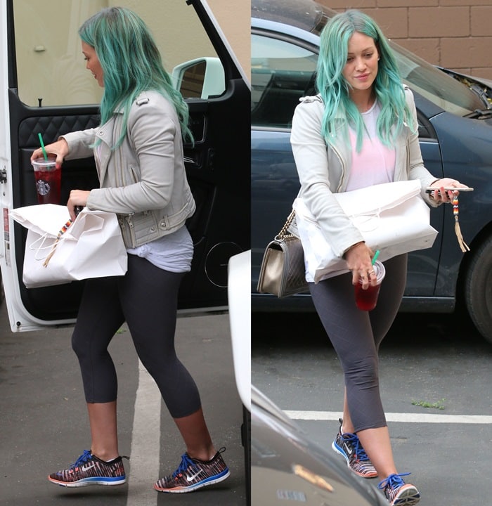 Stepping out in Studio City, she balances athleisure ease with polished accessories, pairing a grey moto jacket and leggings with a Chanel bag and takeaway in hand