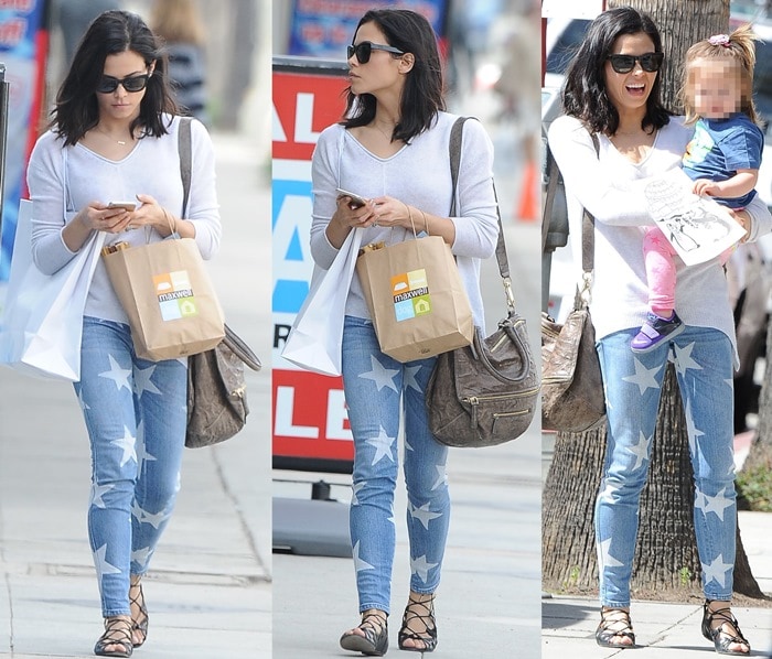 Jenna Dewan keeps her off-duty look effortlessly chic in Stella McCartney’s star-print skinny jeans paired with an Inhabit cashmere V-neck sweater, Aquazzura’s lace-up J’Adore sandals, and a slouchy Givenchy Pandora Billy messenger bag
