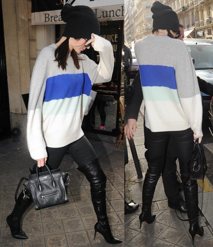 Kendall Jenner styled a Proenza Schouler color-block cashmere sweater with black leather over-the-knee boots and a Celine Nano bag in Paris on March 4, 2015