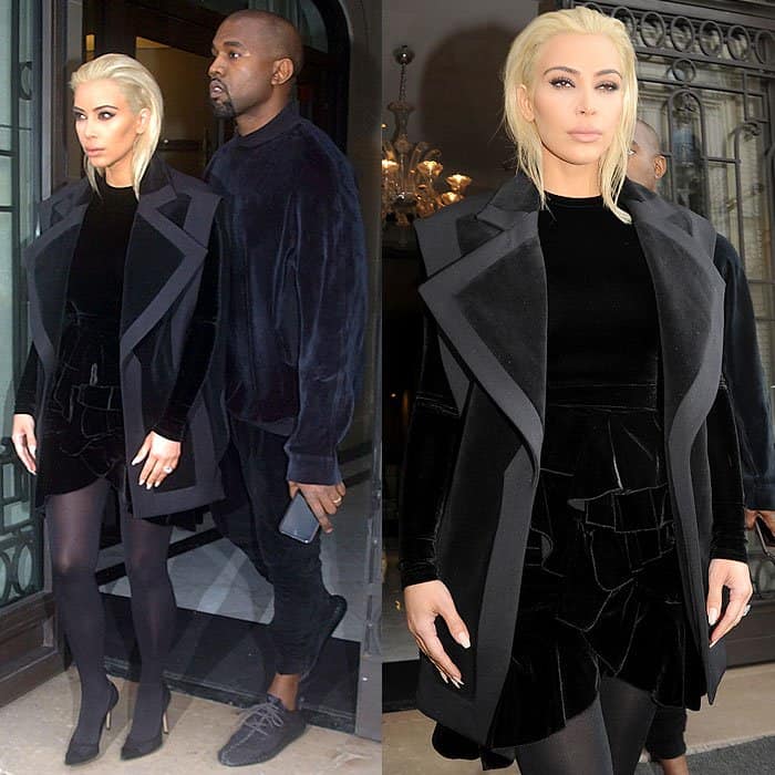 Kim Kardashian and Kanye West leave their hotel in Paris, with Kim showcasing her new platinum blonde hair and a striking all-black Balmain velvet outfit
