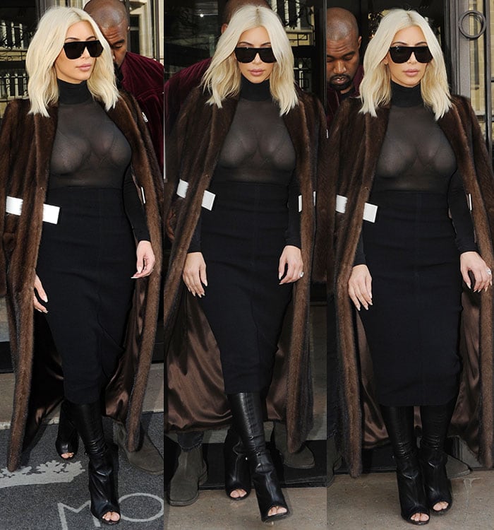 Kim Kardashian steps out in Paris wearing a daring sheer Vetements top, high-waisted pencil skirt, and thigh-high Givenchy peep-toe boots