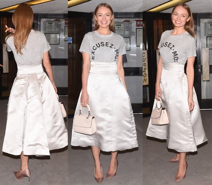 Laura Haddock at the 'Dior and I' UK premiere in London on March 16, 2015, effortlessly paired a casual tee with a satin A-line skirt, completing her look with sleek, pointed-toe pumps that perfectly complemented the outfit's sophisticated yet relaxed vibe