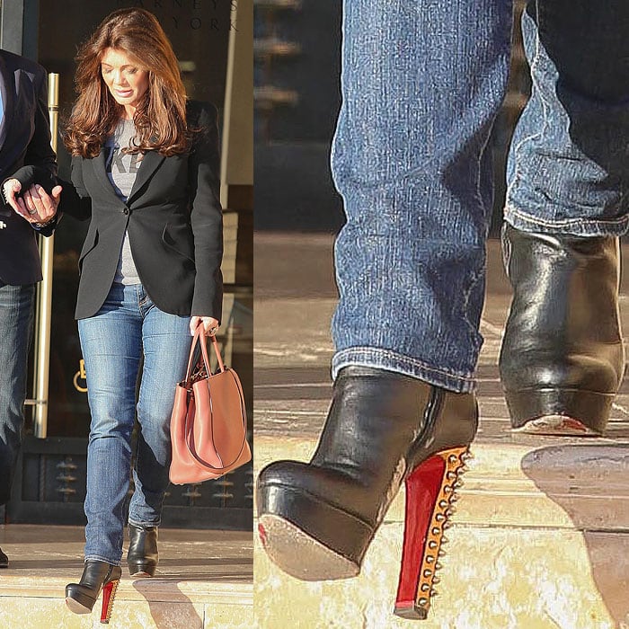 Lisa Vanderpump wearing Christian Louboutin "Taclou" booties with scuff marks on the inner sides and the red soles worn down while shopping at Barneys New York