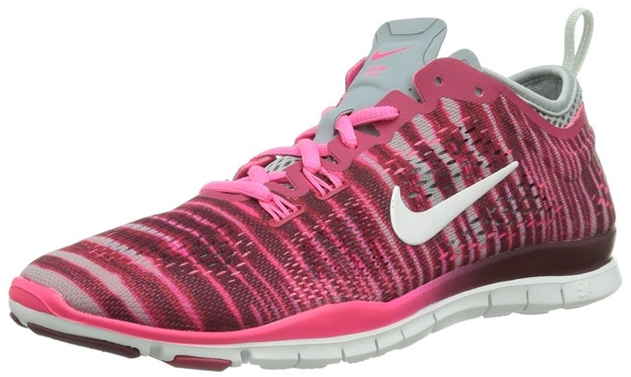 A vibrant pink “Print” edition of the Nike Free 5.0 TR Fit 4 showcases the model’s breathable engineered mesh and lightweight, flexible sole