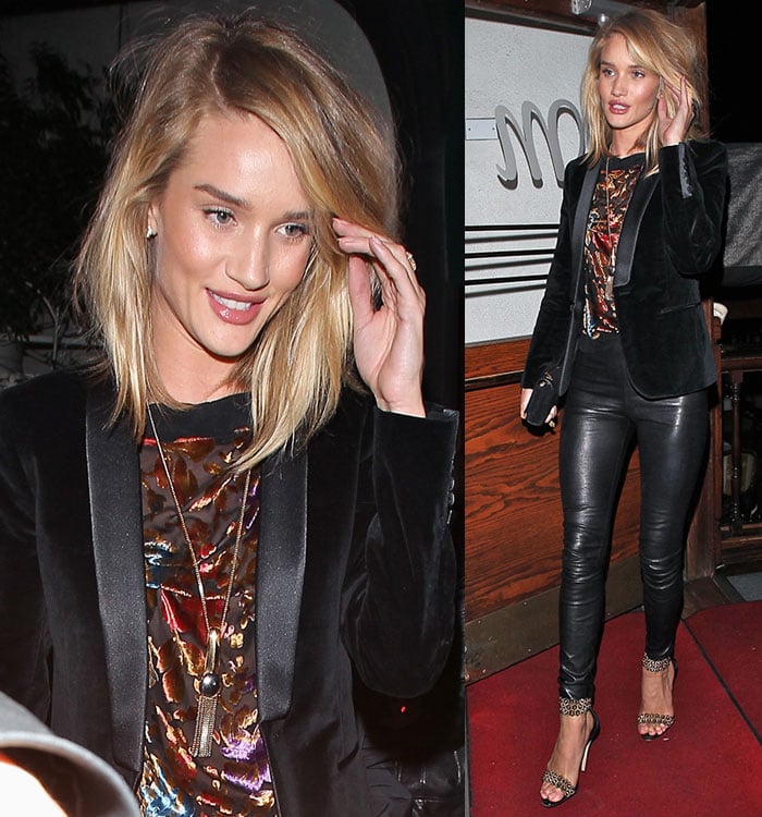 A close-up of Rosie Huntington-Whiteley's side-parted hair and a sheer blouse featuring intricate, colorful embroidery