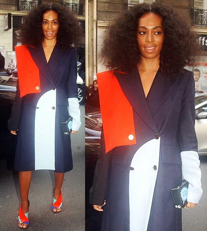 Solange Knowles turns heads at Paris Fashion Week in a bold Harbison Spring 2015 color-block coat, paired with striking Nicholas Kirkwood x Roksanda geometric sandals and an Anya Hindmarch clutch