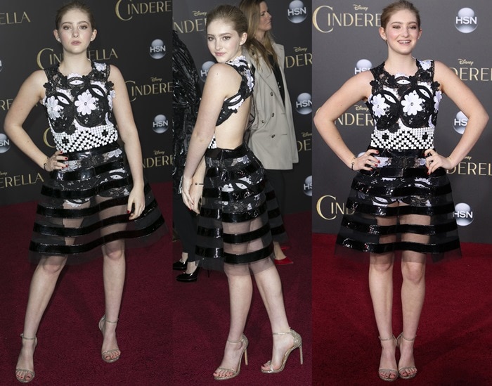 The actress poses confidently in a striped PVC skirt and embroidered top, letting the bold textures take center stage while keeping the overall silhouette youthful and modern