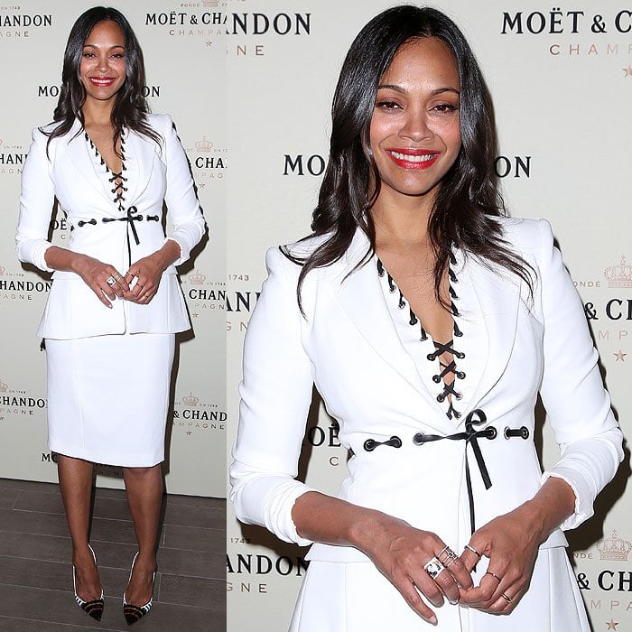 Zoe Saldaña at the Moet Chandon celebration of Roger Federer's 1,000th career match win held at the Four Seasons Hotel in Beverly Hills, California, on March 7, 2015