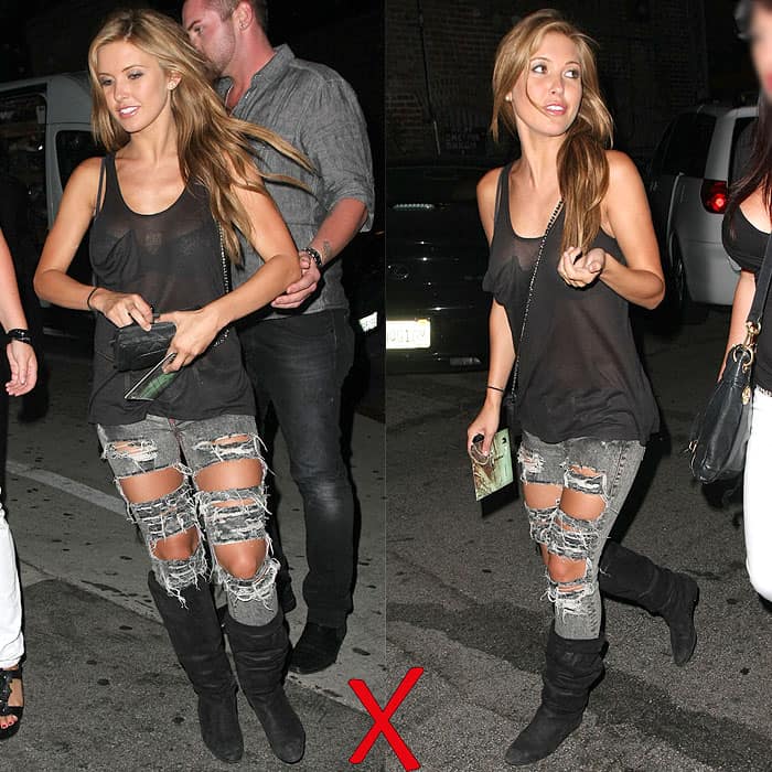 Audrina Patridge steps out in heavily distressed acid wash jeans, a sheer black tank, and slouchy suede boots—an outfit that feels more chaotic than chic
