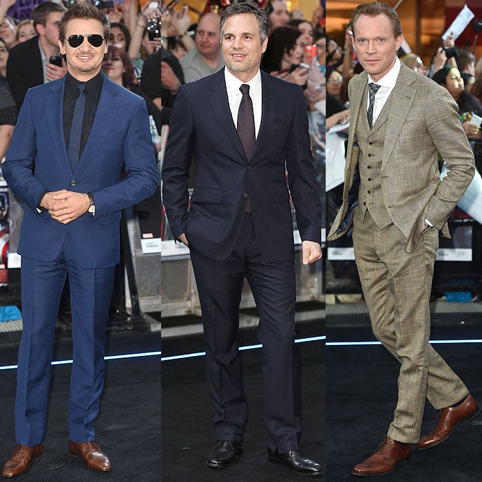 The men of the Avengers: Jeremy Renner, Mark Ruffalo, and Paul Bettany gracing the "Avengers: Age of Ultron" European premiere