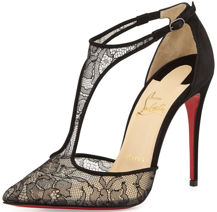 The Christian Louboutin Salonu 100 pump features Chantilly lace, mesh panels, and the designer’s iconic red sole — the perfect mix of elegance and edge