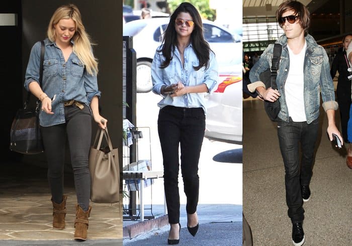 Hilary Duff, Selena Gomez, and Zac Efron demonstrate how black denim pairs effortlessly with denim tops for a sleek, stylish look