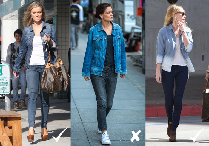 Joanna Krupa and January Jones achieve chic denim-on-denim looks with well-coordinated pieces, while Katie Holmes' outfit lacks cohesion and proper fit