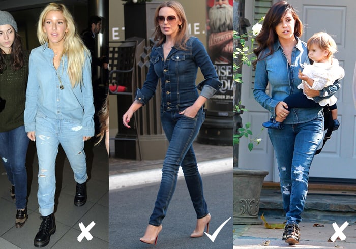 Kylie Minogue nails the denim-on-denim look with her sleek and well-fitted ensemble, while Ellie Goulding and Kourtney Kardashian's outfits miss the mark with poor fit and proportions