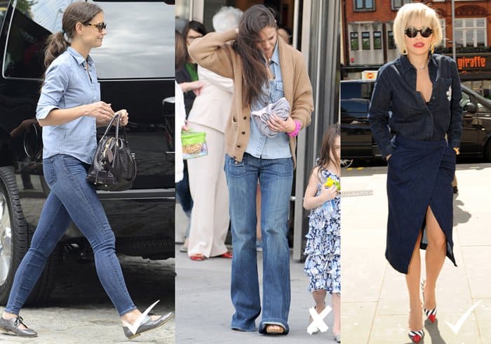 Katie Holmes' fitted denim shirt and skinny jeans work well, whereas her baggy jeans and layers don't, while Rita Ora nails the look with a stylish denim skirt and top