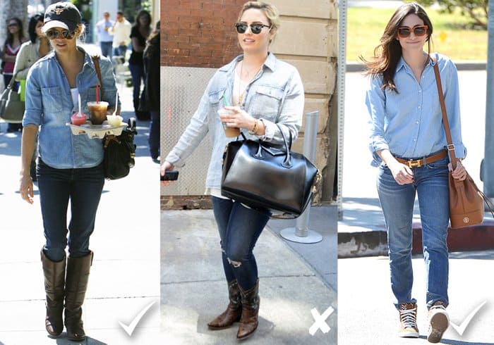 Reese Witherspoon and Emmy Rossum rock their denim-on-denim looks, while Demi Lovato's studded boots miss the mark