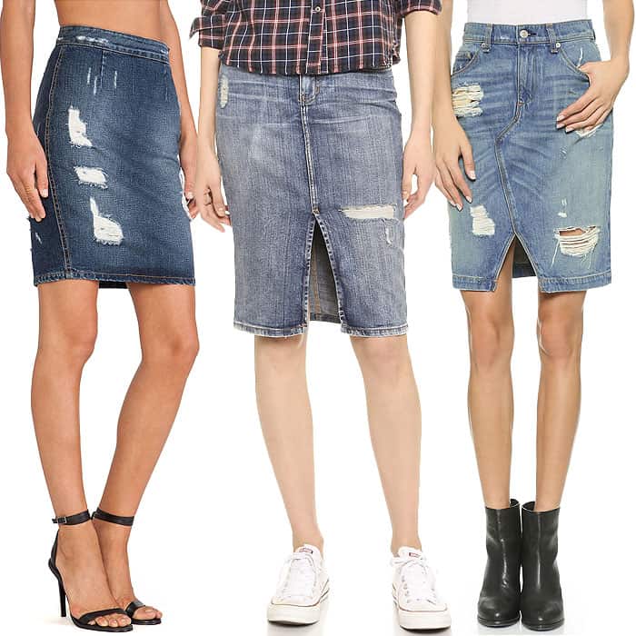 From left to right: Lovers + Friends "Miles" Denim Skirt, Current/Elliott High-Waist Denim Pencil Skirt, and Rag  Bone/JEAN Shredded Denim Skirt