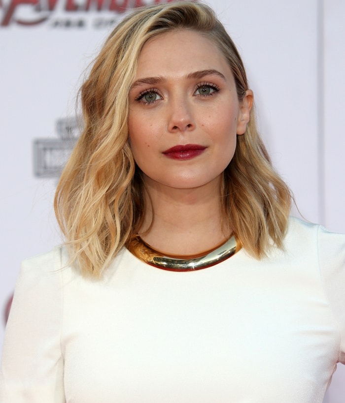 Elizabeth Olsen wearing a sleep-inducing two-tone crepe t-shirt gown from Galvan