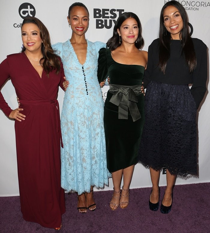 Eva Longoria, Zoe Saldaña, Gina Rodriguez, and Rosario Dawson showcase elegant jewel-tone dresses and coordinating heels at the Eva Longoria Foundation Dinner Gala at the Four Seasons Los Angeles at Beverly Hills on November 8, 2018