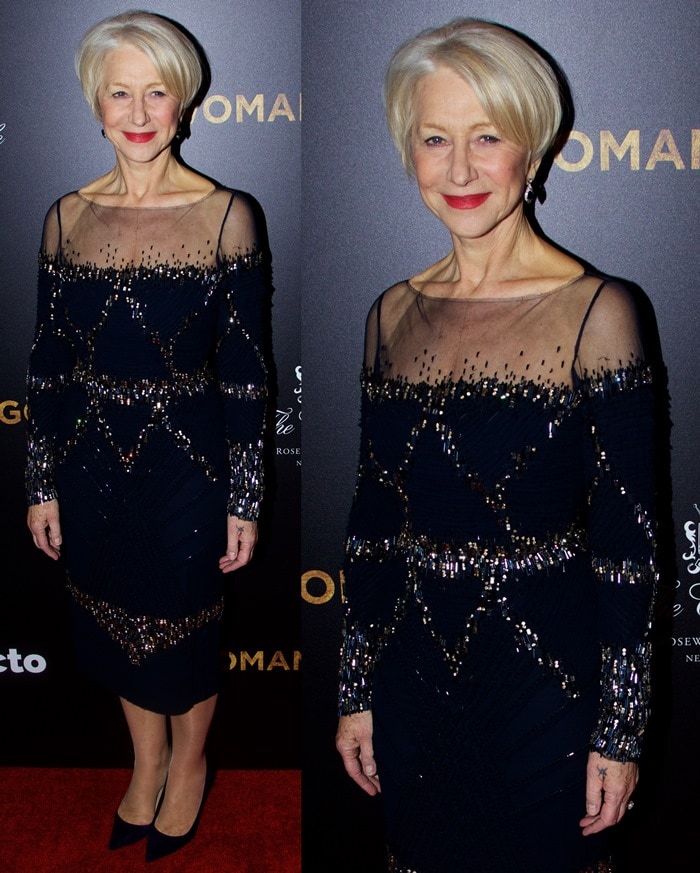 Helen Mirren dazzles in a navy Badgley Mischka dress with illusion netting and shimmering embellishments, paired elegantly with classic black Jimmy Choo pumps