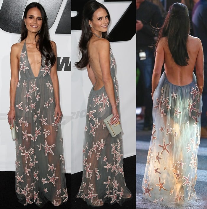 Jordana Brewster lit up the carpet in a plunging gray Valentino tulle gown, its delicate starfish embroidery and open back giving the look a soft, sea-glow radiance