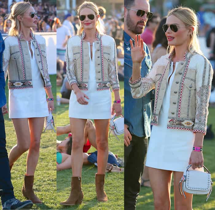 Kate Bosworth exudes chic elegance in a white shift dress layered with an embellished jacket, complemented by suede boots and a matching shoulder bag at Coachella 2015