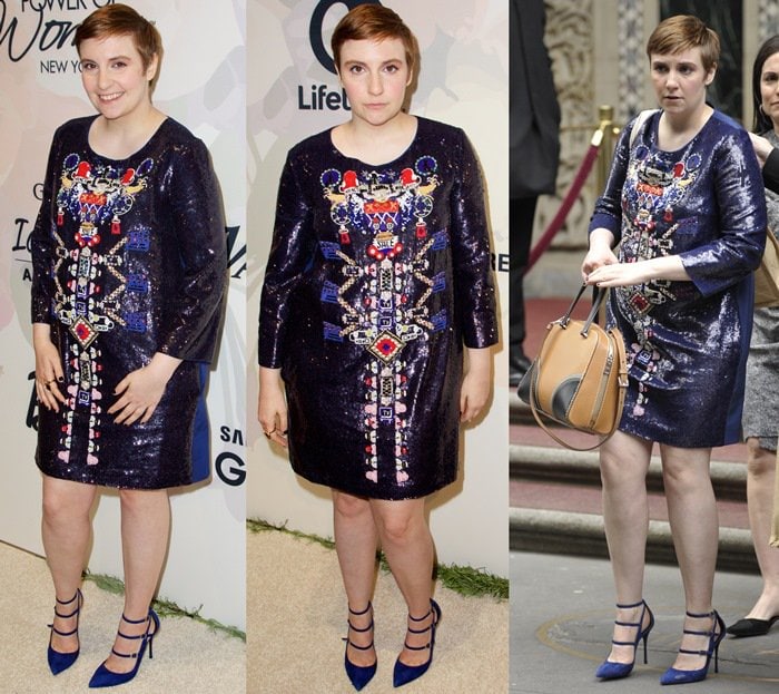Lena Dunham styled her embellished Mary Katrantzou shift dress with cobalt blue suede Nicholas Kirkwood “Hutton” multi-strap pumps, using the sharp pointy toe and stiletto heel to balance the dress’s graphic, jewel-toned embroidery